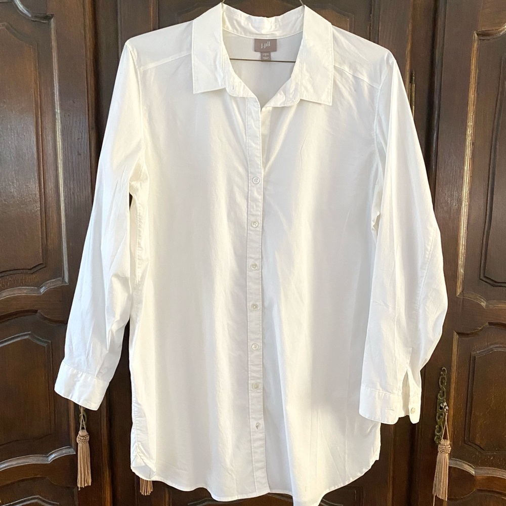 J Jill classic white blouse tunic cotton stretch button front size Large